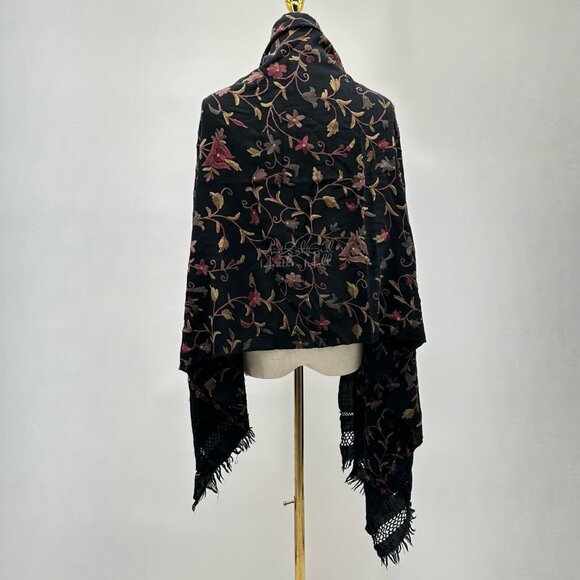 Black Floral Embroidered Scarf Shawl Decor Tapestry with Fringe & Lace Detailing - Picture 2 of 5